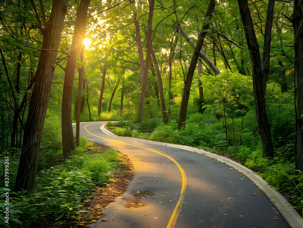 Fototapeta premium A scenic bike path winding through a forest with sunlight filtering through the trees