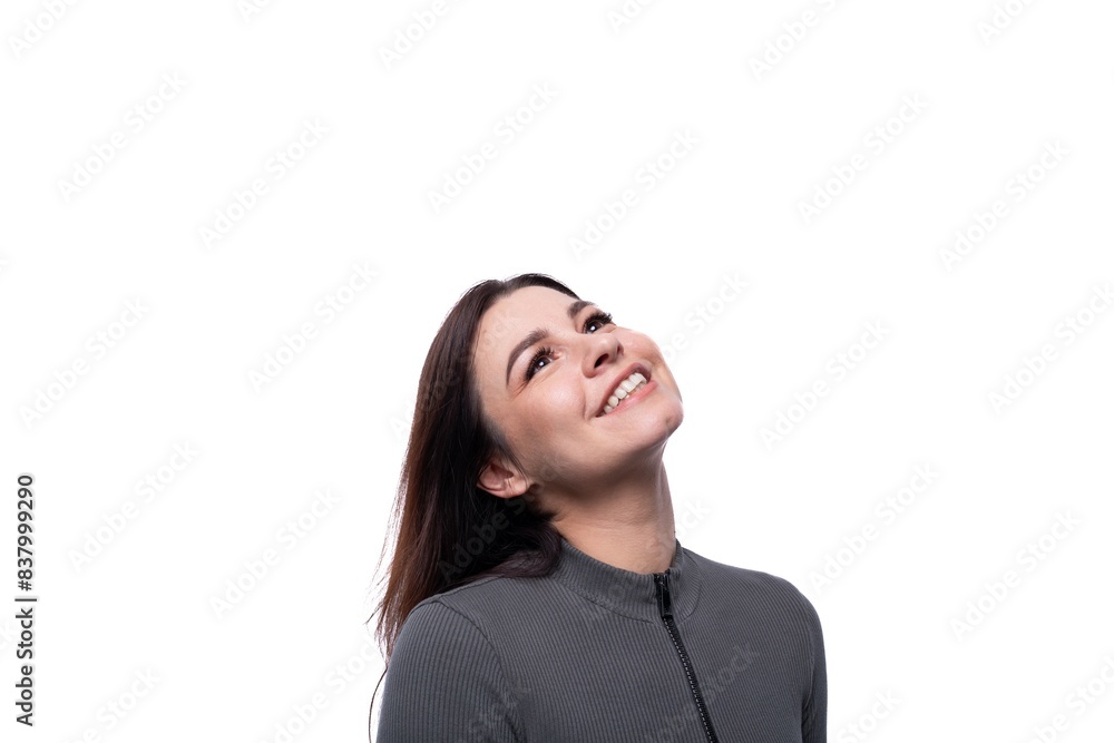 Beautiful young brunette woman in love on white clean background with copy space Beautiful young brunette woman in love on white clean background with copy space