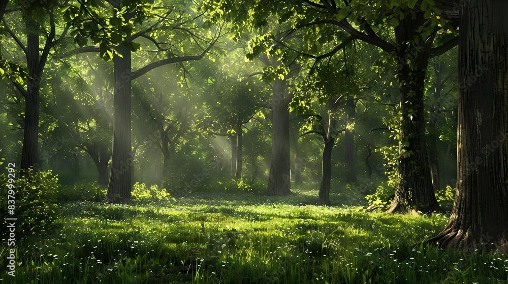 Obraz premium A tranquil forest clearing with dappled sunlight streaming through the trees