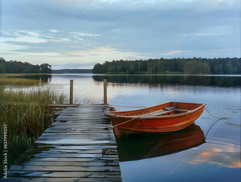 Obraz premium A serene lakeside dock with a rowboat tied up nearby