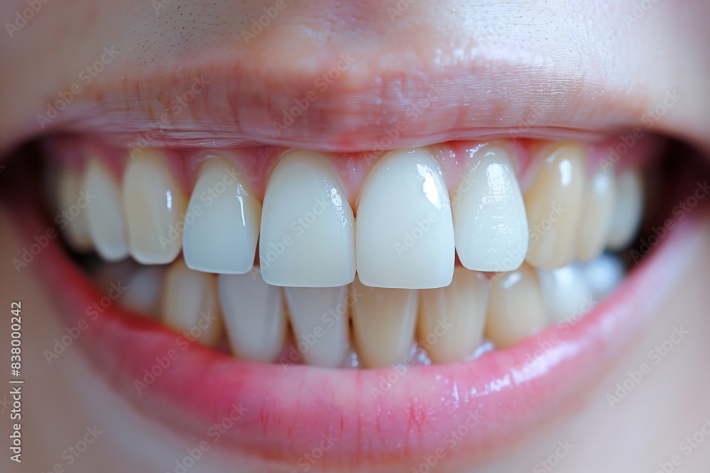 Obraz premium Close-up of a person’s smiling mouth with clean, white teeth, macro photography, dental care and oral hygiene concept, for dental clinics or oral hygiene products, for design, print, dental brochures