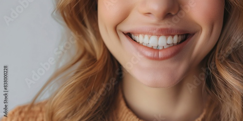 Smiling woman highlighting her beautiful white teeth, perfect for dental care promotions and dentist advertisements