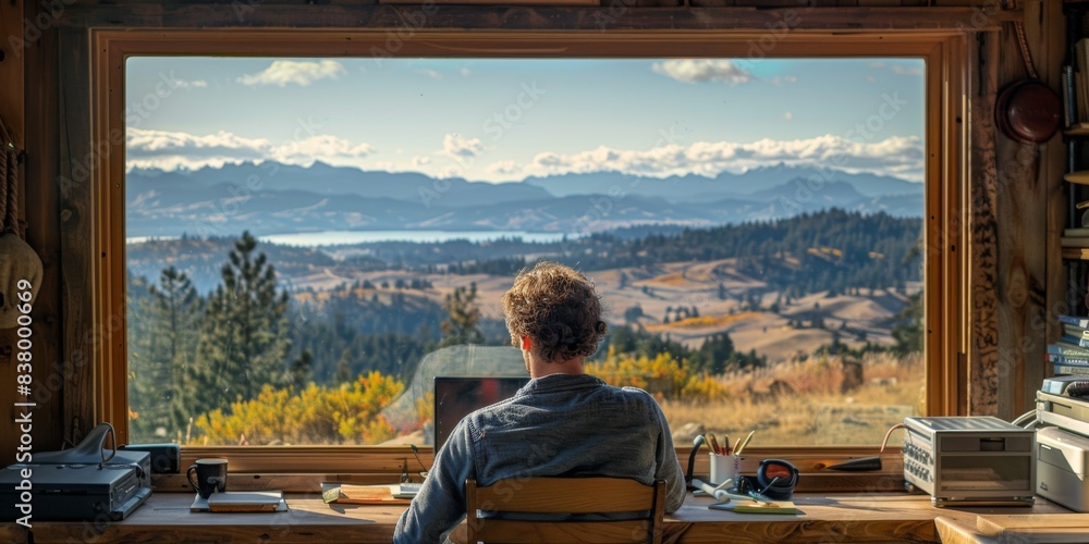 Obraz premium A man works from home with a view of nature outside an open window. The concept of remote work, freelancing