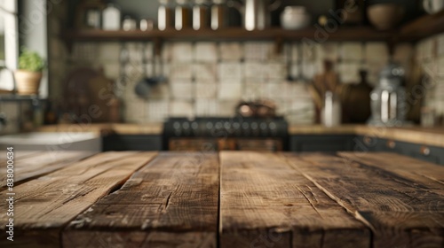 Rustic wooden table surface with a softly blurred kitchen backdrop perfect for showcasing products
