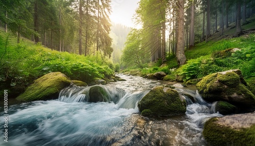 Sunlight filters through a vibrant green forest, illuminating a crystal-clear stream cascading over mossy rocks. 