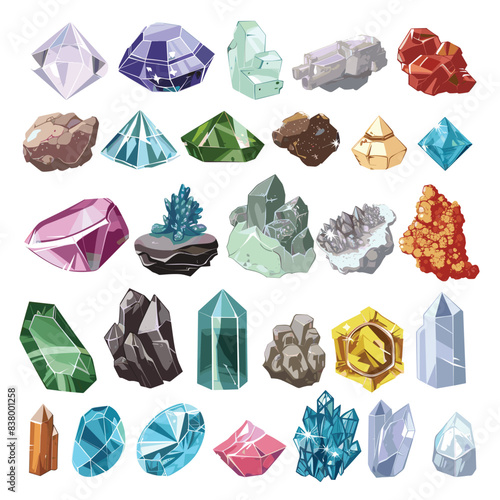 Assorted colorful gemstones crystals, diverse shapes sizes displayed. Collection precious semiprecious stones, natural minerals, jewelry game resources. Cartoon style gems, pastel shiny hues, quartz