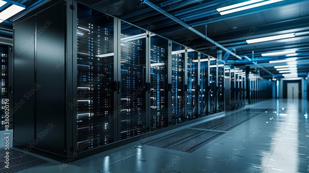 A row of sleek server data center racks is neatly organized in a stateoftheart server room, showcasing the efficiency and advanced technology of modern data management A row of sleek server data center racks is neatly organized in a stateoftheart server room, showcasing the efficiency and advanced technology of modern data management