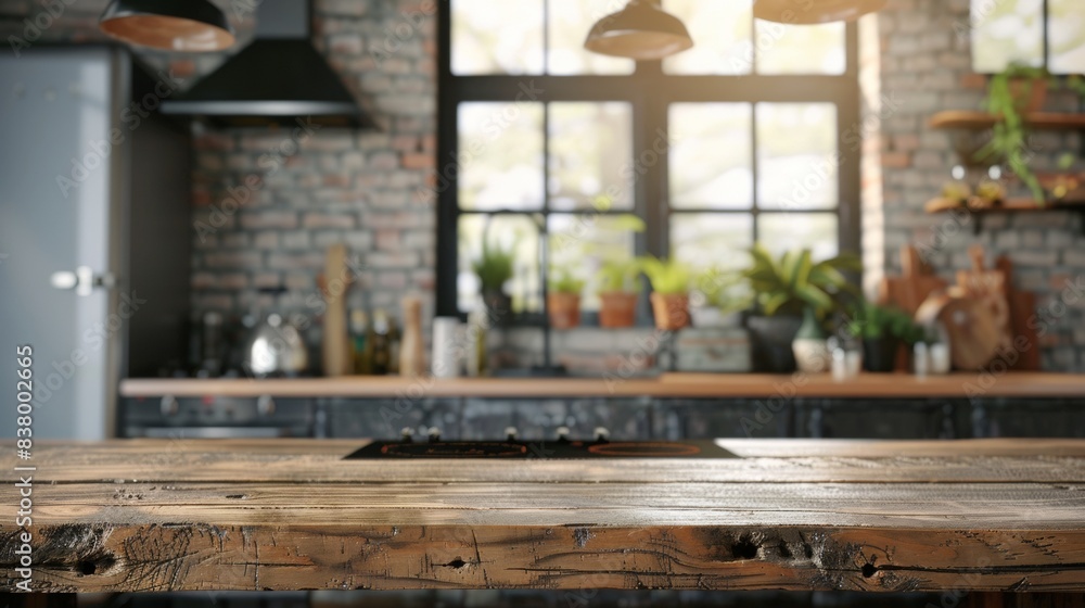 Rustic wooden table with a blurred contemporary kitchen ideal for highlighting products Rustic wooden table with a blurred contemporary kitchen ideal for highlighting products