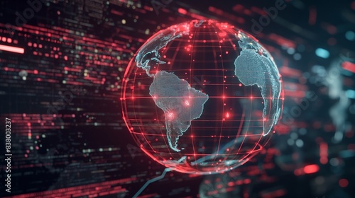 A hologram of a digital globe with continents glowing in red, representing areas under cyber attack.