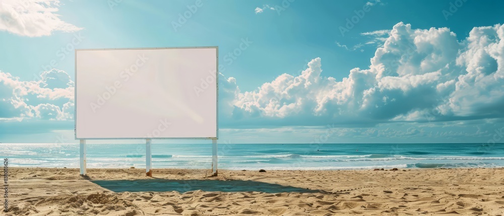 Blank white billboard frame on a sunny beach, ideal for summer travel advertisements with ample copy space Blank white billboard frame on a sunny beach, ideal for summer travel advertisements with ample copy space