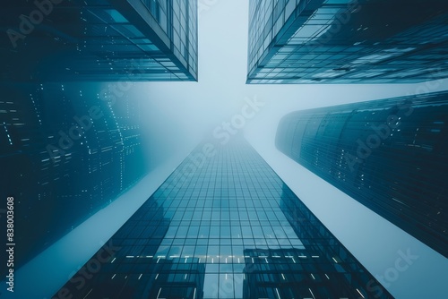 A dramatic skyline view of modern skyscrapers rising into the fog, showcasing architectural beauty and urban vertigo in a cityscape.