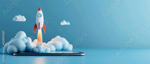 Blue background with a smartphone propelling a rocket among clouds, illustrating the concept of accelerated online business development