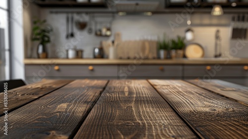 Top view of a wooden table with a blurred contemporary kitchen background photo