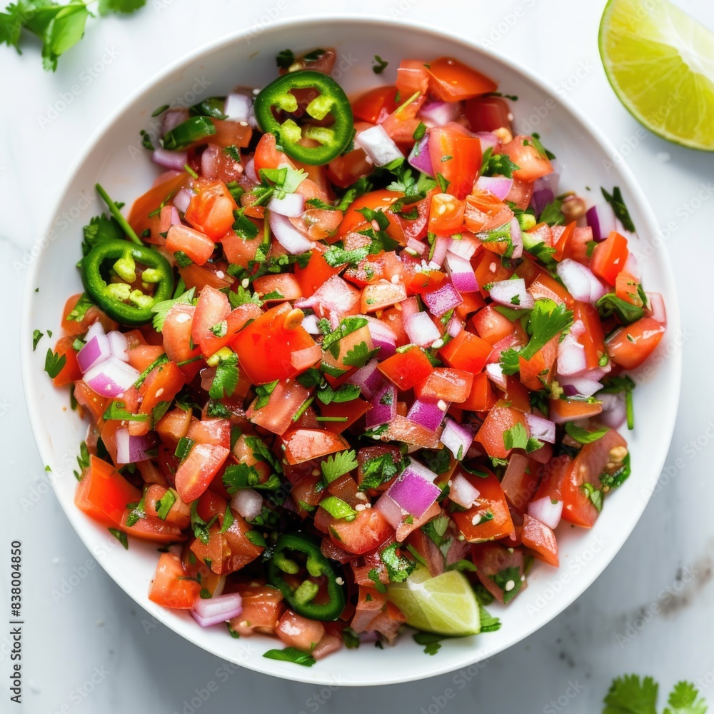 Pico de gallo with diced tomatoes, onions, jalapeños, cilantro, lime juice, and salt, white background, side and top view, food. Pico de gallo with diced tomatoes, onions, jalapeños, cilantro, lime juice, and salt, white background, side and top view, food.