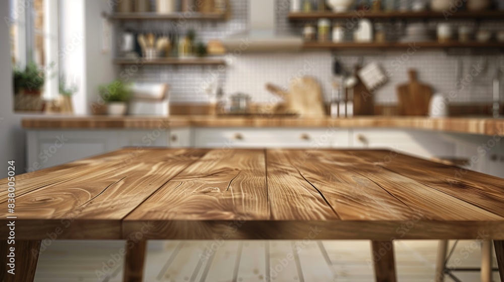 Top view of a wooden table with a blurred kitchen backdrop perfect for product showcasing Top view of a wooden table with a blurred kitchen backdrop perfect for product showcasing
