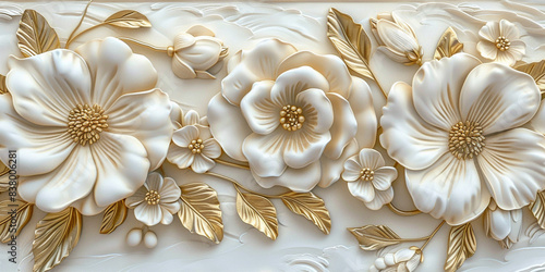 A modern illustration of a Chinese brush stroke. It has a gold texture and a peony flower motif. Abstract art illustration