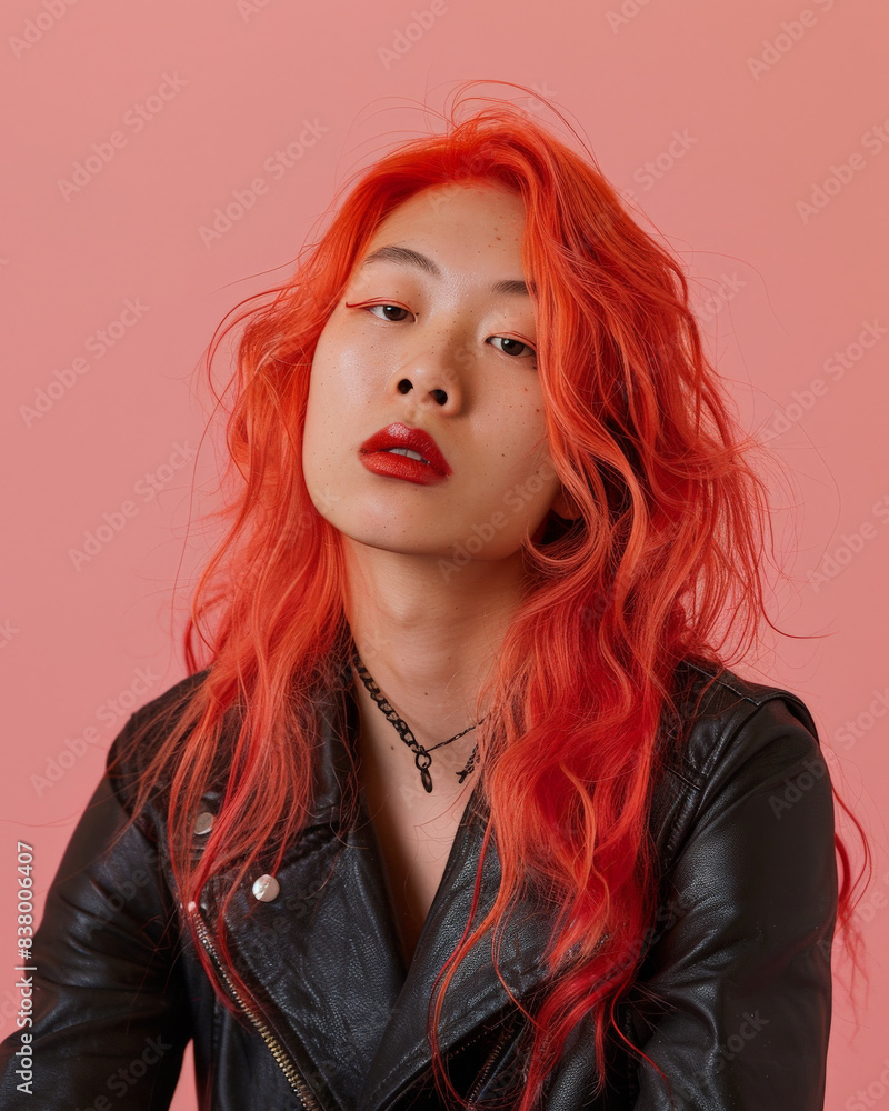 Fototapeta premium Transgender woman bright red hair, posing confidently against soft pink studio background