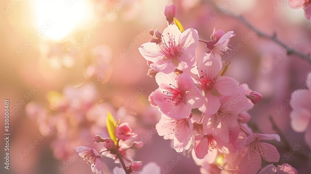 Naklejka premium Vibrant sakura flowers with sunlight streaming through