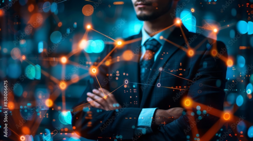Neon chart diagram against a closeup of a manager in a suit on a blurry office background Neon chart diagram against a closeup of a manager in a suit on a blurry office background