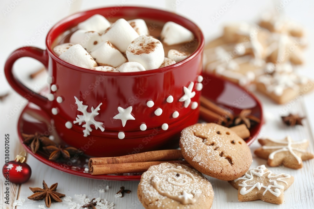 Warm Winter Comfort: Hot Cocoa in Red Cup with Marshmallow, Cinnamon Stick, Anise, and Christmas Cookies Warm Winter Comfort: Hot Cocoa in Red Cup with Marshmallow, Cinnamon Stick, Anise, and Christmas Cookies