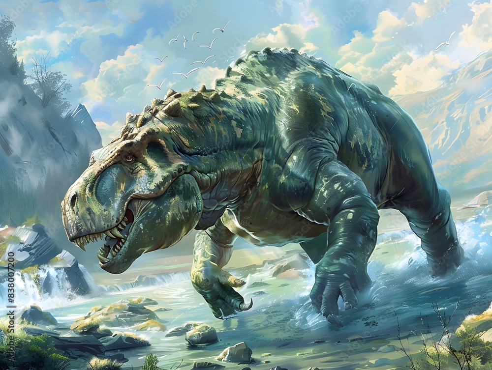 A majestic, roaring dinosaur in an ancient landscape with vibrant skies and flowing water. Stunning details highlight prehistoric life.