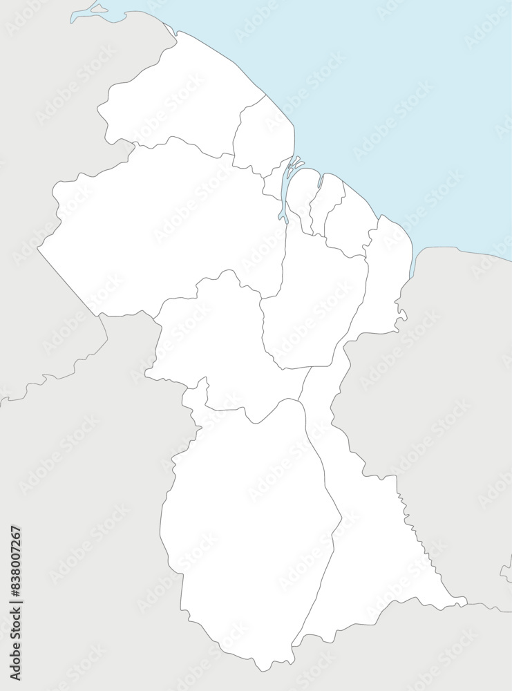 Fototapeta premium Vector blank map of Guyana with regions and administrative divisions, and neighbouring countries. Editable and clearly labeled layers.