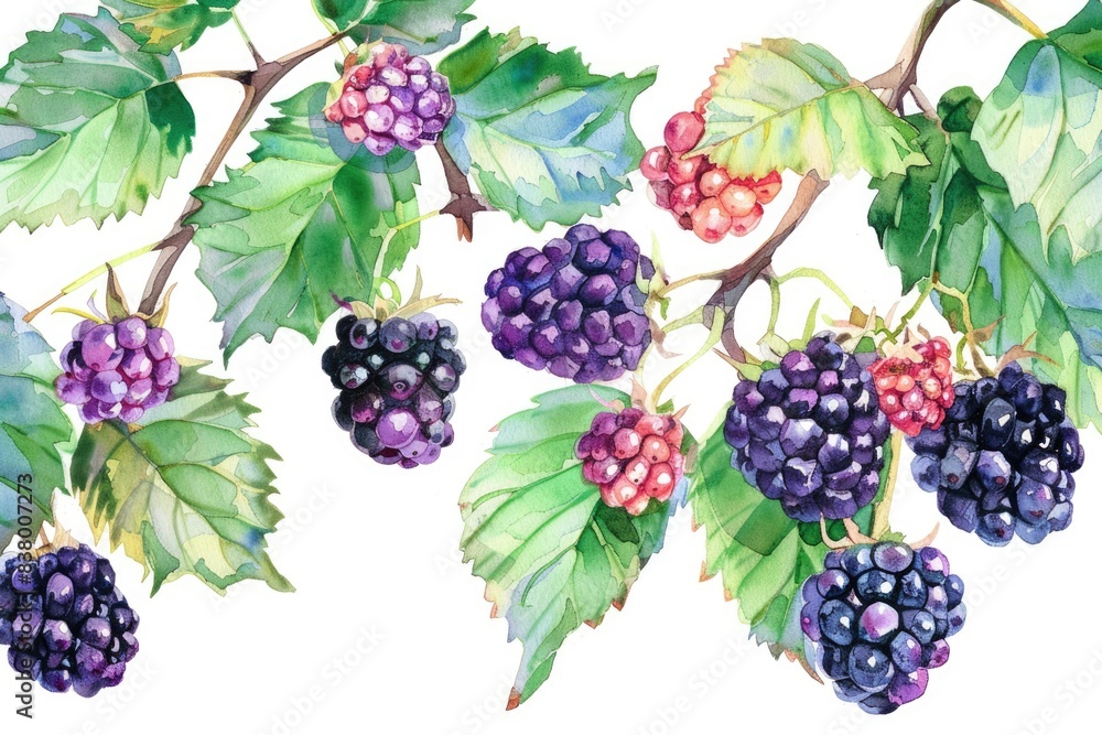 Fototapeta premium Watercolor Blackberries and Leaves Set. Fresh Ripe Berries with Green Leaves on White Background