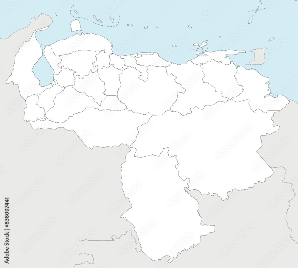 Obraz premium Vector blank map of Venezuela with states, capital district, federal dependencies and administrative divisions, and neighbouring countries. Editable and clearly labeled layers.