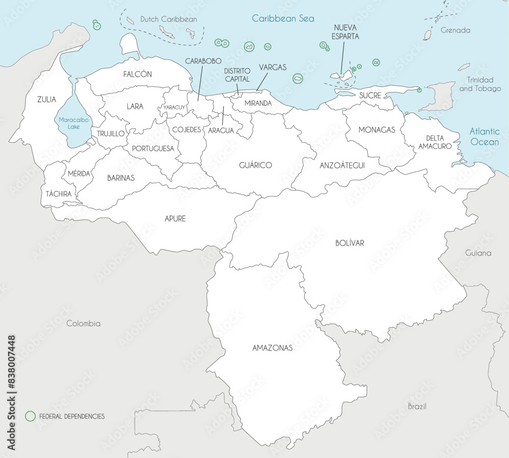 Vector map of Venezuela with states, capital district, federal dependencies and administrative divisions, and neighbouring countries. Editable and clearly labeled layers. Vector map of Venezuela with states, capital district, federal dependencies and administrative divisions, and neighbouring countries. Editable and clearly labeled layers.