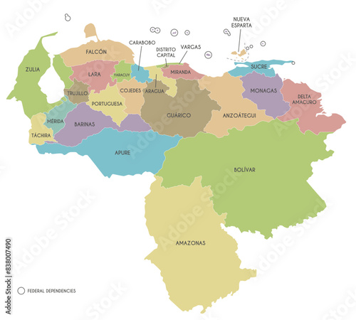 Vector map of Venezuela with states, capital district, federal dependencies and administrative divisions. Editable and clearly labeled layers.