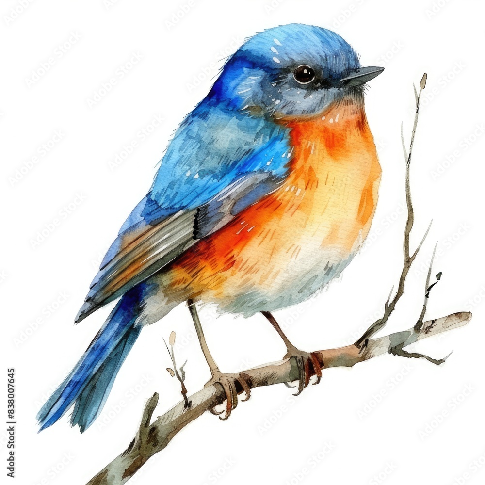 Watercolor Garden Bird in Winter - Small Bird With Orange and Blue Feathers Watercolor Garden Bird in Winter - Small Bird With Orange and Blue Feathers