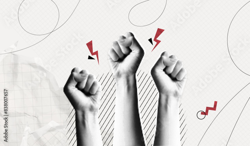 Trendy Halftone Collage Raised Fist up. Demonstration of protest. Fight for your rights. Girl power. Success and strength. Feminism concept. Magazine style. Contemporary vector art illustration