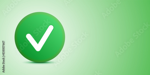 A large green circle with a white checkmark icon, standing on a light green gradient background, symbolizing confirmation or approval, vector banner with copy space.