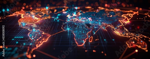 Abstract world map with glowing data streams and global network connections
