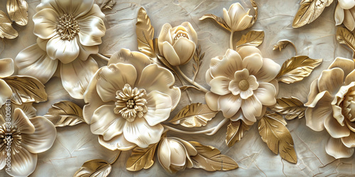 A modern illustration of a Chinese brush stroke. It has a gold texture and a peony flower motif. Abstract art illustration