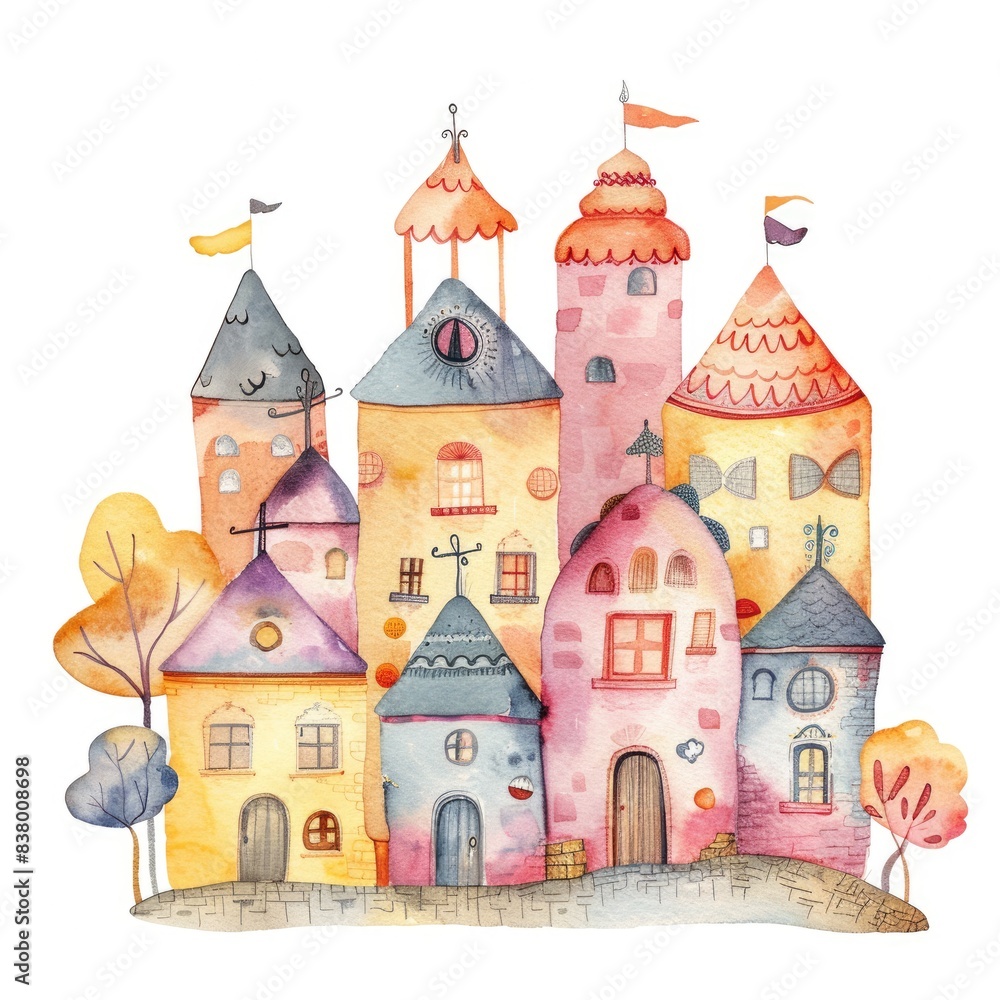 Whimsical Watercolor Illustration of a Charming Town with Cartoon Houses and Magical Night Sky Whimsical Watercolor Illustration of a Charming Town with Cartoon Houses and Magical Night Sky