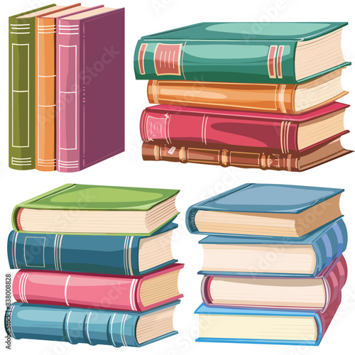 Stacked colorful hardcover books standing upright, book spines visible, education literature reading concept. Two separate piles books, one arranged vertically, horizontally, school learning
