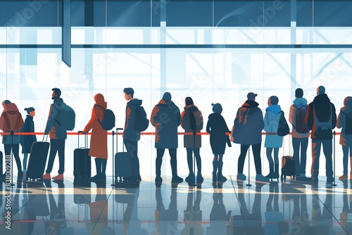 People at the airport, passenger waiting in queue to check in and drop off luggage. Travelers waiting in line for security check in airport terminal