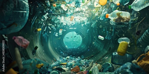 Plastic trash in the drain, environment pollution and ecology concept, plastic hazards and waste photo
