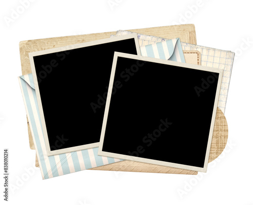 Two retro photo frame on vintage envelope. Nostalgic scrapbooking style. Mock up template. Copy space for text. Isolated on white background