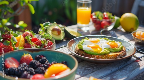 A breakfast spread featuring avocado toast with poached eggs, a bowl of mixed berries, and a glass of freshly squeezed orange juice, set on a sunny outdoor patio table.