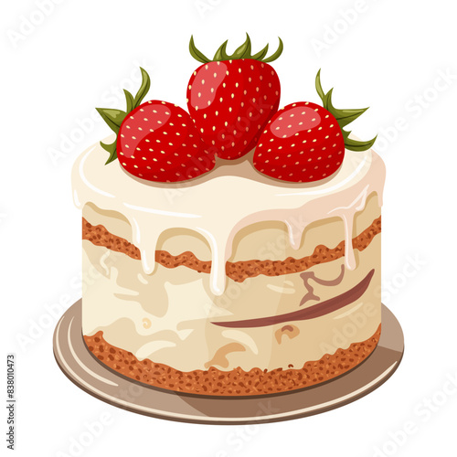 A cream cake with white icing decorated with strawberries. Illustration on a white background