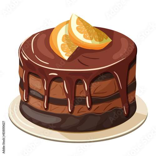 Chocolate cake with chocolate cream decorated with orange slices. Illustration on a white background