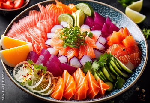 colorful poke bowl fresh fish healthy japanese cuisine plate, vibrant, appetizing, delicious, gourmet, tasty, traditional, culinary, restaurant, serving, dish,