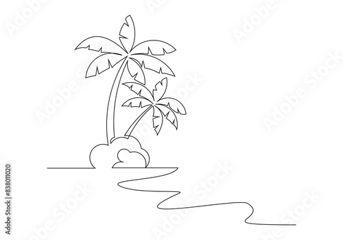 Continuous single one line art sketch drawing of beach sea with palm coconut tree tropical summer landscape vector illustration