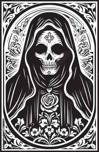 Santa Muerte Black and White Vector Santa Muerte Crowned Graphic Art