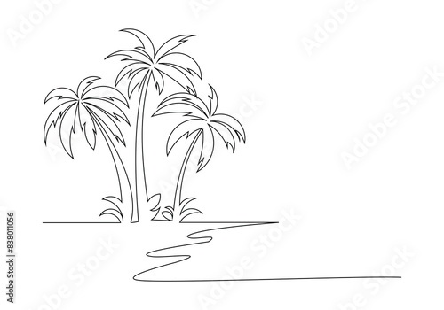 Continuous single one line art sketch drawing of beach sea with palm coconut tree tropical summer landscape vector illustration