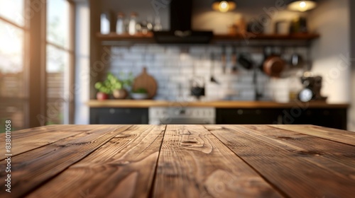 Wooden table top view with a blurred kitchen backdrop perfect for product montages
