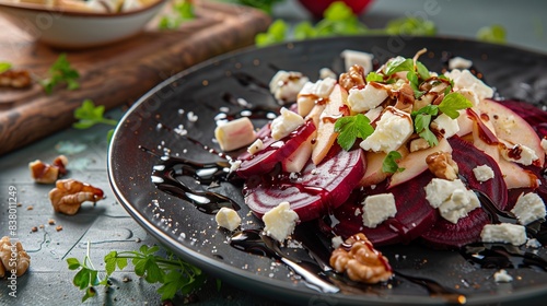 A close-up of a vibrant beetroot and apple salad with feta cheese, walnuts, and a balsamic vinaigrette drizzle, on a stylish, contemporary dining table.