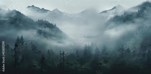 foggy texture of a forest with tall trees under a gray and blue sky photo